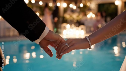 Romantic Wedding Ceremony - Holding Hands Near Poolside at Night.