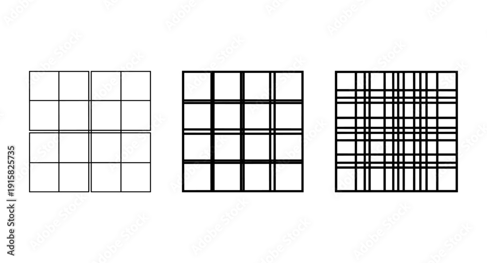 Fototapeta premium Three different grid patterns with varying line thickness and density for design