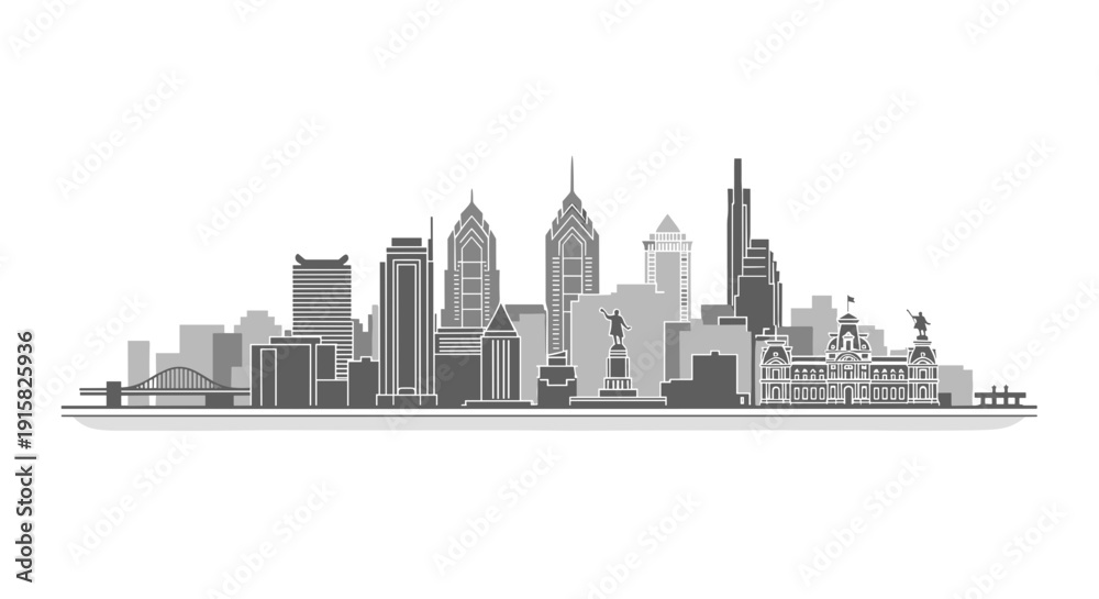 Obraz premium Philadelphia Skyline Grey Vector Illustration. Monochrome Philly Cityscape with Bridge. Urban Pennsylvania Architecture Panorama. Downtown Background.