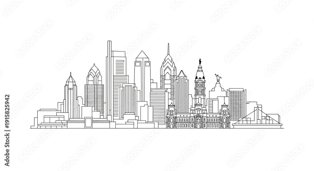 Obraz premium Philadelphia Skyline Line Art Vector. Linear Drawing of Philly Cityscape. Minimalist Urban Architecture Outline. Pennsylvania Downtown Landmarks Design.