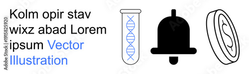 Science, notifications, economy, technology, research, finances. A DNA-filled test tube, a bell symbol and a coin icon. Science and notifications concept reflecting technology and functionality