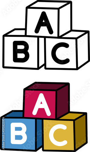 ABC alphabet blocks icon set. Colorful toy cubes for early childhood education