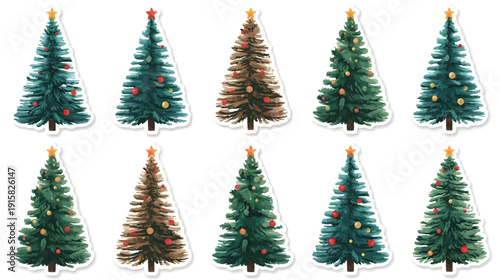 christmas trees with colorful lights and ornaments
