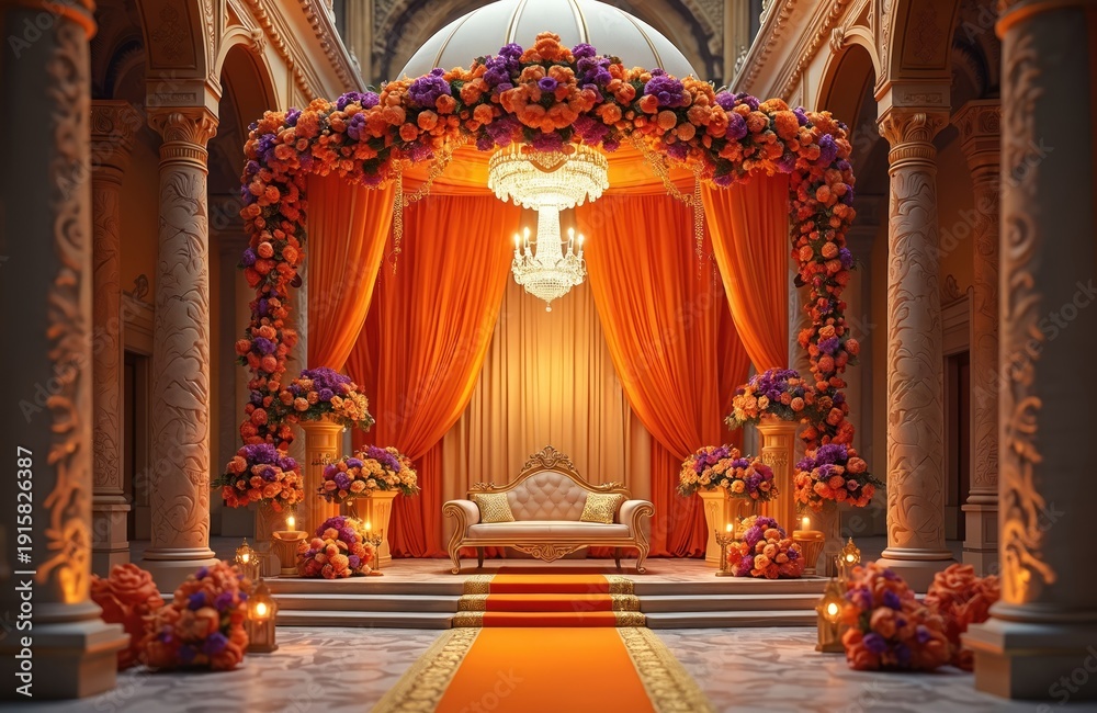 Naklejka premium Ornate wedding mandap draped in orange fabric features floral arrangements and a chandelier. Intricate columns frame a plush seat, creating an elegant and festive atmosphere for a ceremony.