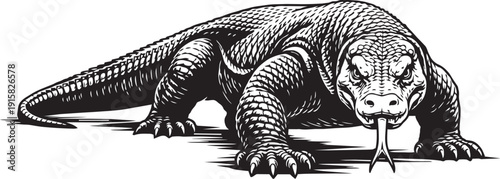 Komodo Dragon Island Stalking Pose Venomous Reptile Illustration for Logo Packaging Design