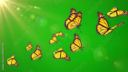 Green Screen 5 yellow monarch butterflies swarms animation overlay graphic element scene 2 with distortion, overlay, glitch, static noise, scan lines on black background, 4k animated video loop