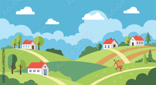 Green Hills Countryside Landscape Illustration
