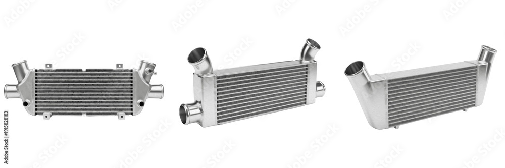 Fototapeta premium Automotive radiator isolated on white background, aluminum engine cooling radiator assembly with core, cooling fins and inlet outlet tanks for petrol and diesel internal combustion vehicle cooling sys