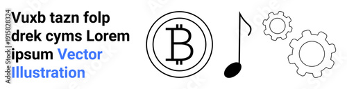 Cryptocurrency, blockchain, financial technology, innovation, creative industries, design solutions. Bitcoin logo with music note and gear icons. s cryptocurrency and creative industries
