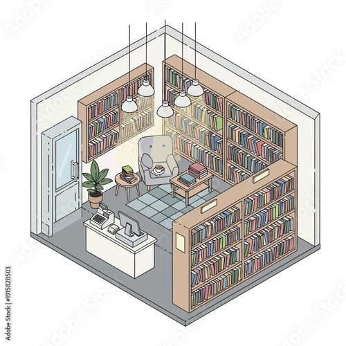 Isometric illustration of a modern library with bookshelves and reading area.