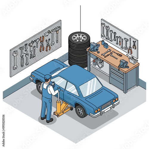Mechanic cleaning car in a well-equipped garage workshop.