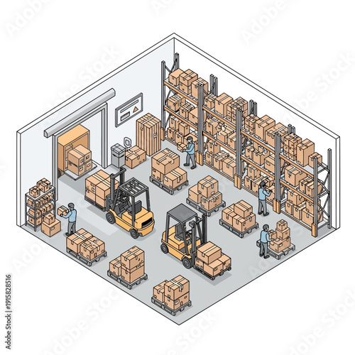 Warehouse Interior with Forklifts and Stacked Cardboard Boxes.