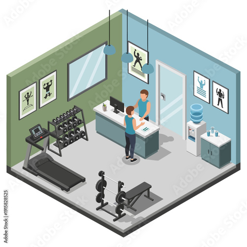 Isometric illustration of a physiotherapy clinic with a therapist and patient.