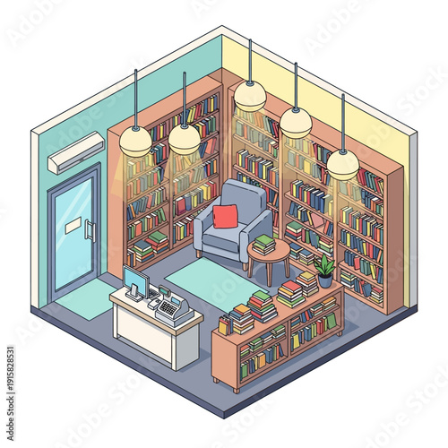 Cozy isometric library with bookshelves and reading chair.