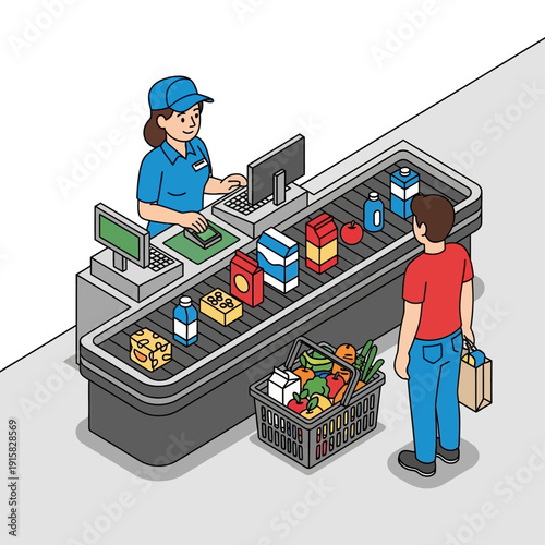 Illustration of a customer purchasing groceries at a supermarket checkout counter.