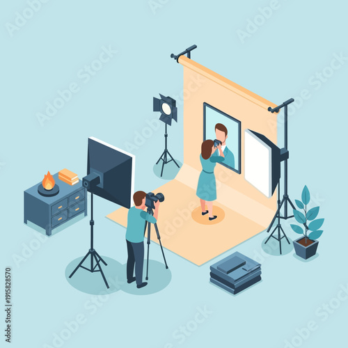 Professional photographer taking picture of woman in studio setting with equipment.
