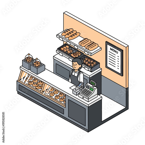 Isometric illustration of a bakery counter with a shopkeeper and various pastries on display.
