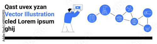 Person presenting digital content alongside connected icons for industry, cargo, aviation, home, and retail. Ideal for automation, logistics, connectivity, technology efficiency teamwork or
