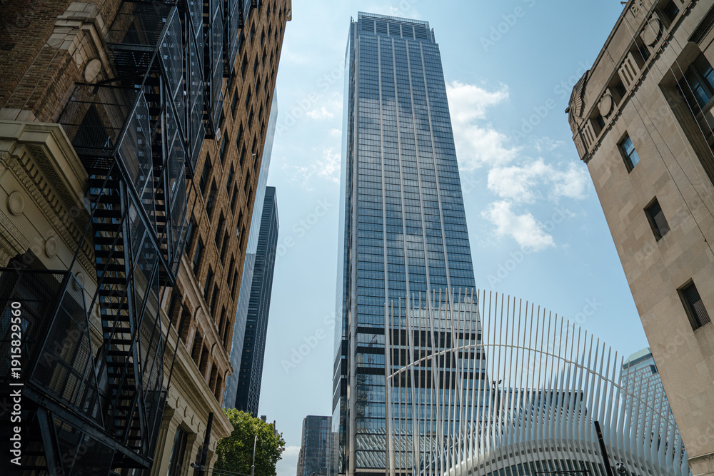 Obraz premium A sleek glass skyscraper rises behind the Oculus transportation hub in Lower Manhattan. The scene captures the sharp contrast between modern architecture and urban geometry.