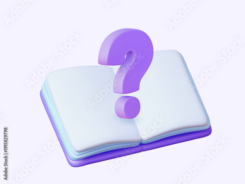 3d vector open book with question mark icon for education design. Minimalist textbook help symbol in digital lavender style for faq, online learning and support ui assets