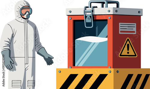 Worker in Hazmat Suit Next to Hazardous Material Container with Warning Sign