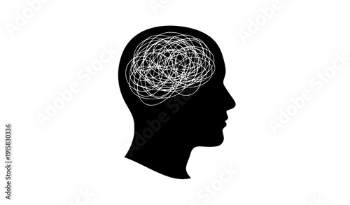 Mental Health Depression Concept Human Head Silhouette with Chaotic Mind Vector