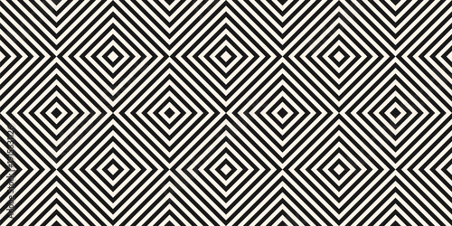 Simple vector seamless pattern with lines, stripes, square tiles, rhombuses. Black and white optical art texture. Striped checkered background. Modern monochrome repeating design for print, wallpapers