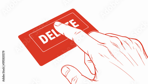 Hand about to press red delete button on white background.