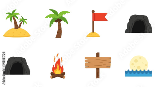 Collection of island and adventure icons including palm trees, caves, campfire, and flag