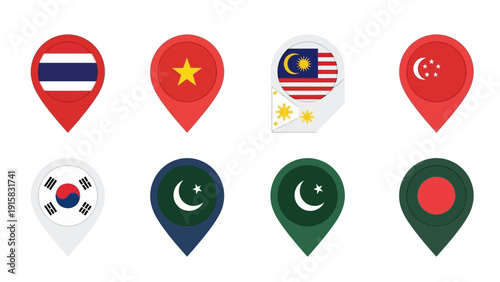 Map pin icons representing flags of various Asian countries