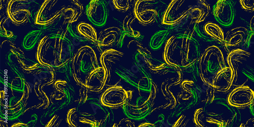 Abstract sporty seamless pattern. Urban street art texture with chaotic ink lines, neon brush paint strokes, green and yellow. Graffiti vector background. Trendy funky pattern. Repeating modern design