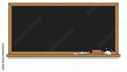 Empty blackboard with wooden frame and chalk accessories.