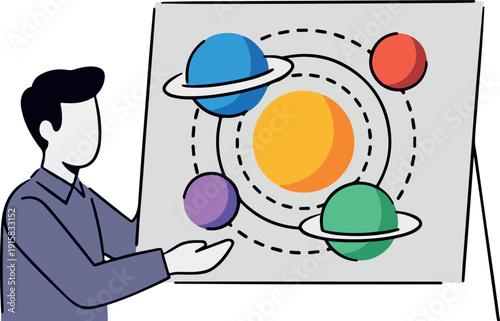 Man Explaining Solar System Diagram on Whiteboard