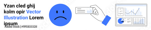 Sad face icon next to a hand holding a card and analytics chart. Ideal for feedback, user experience, low ratings, business performance, data analysis, surveys, and simple landing page