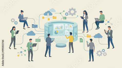 Professionals collaborating on big data project with cloud storage and analytics