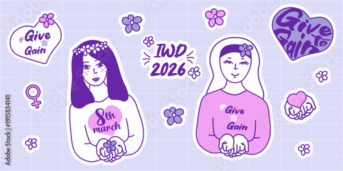 International Women’s Day 2026 Sticker Set, Give To Gain Campaign, Feminism Vector Illustration, 8 March, Girl Power, Female Symbol, Purple Pink Flat Design