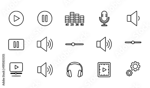 Minimal media player outline icons multimedia vector set
