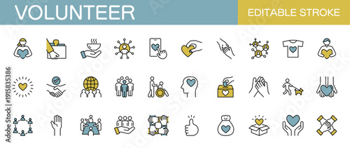 ボランティアに関するアイコンセット（線幅変更可能・カラー）