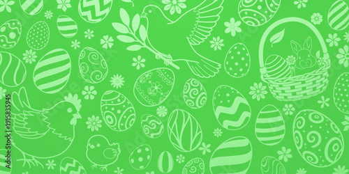 Bright green background with white easter eggs, chickens, birds, flowers and basket with bunny.