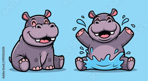 Happy Cartoon Hippos Sitting and Playing.