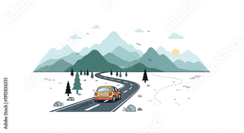 Road Trip Car Driving on Mountain Highway Freedom Travel Adventure Vector Illustration