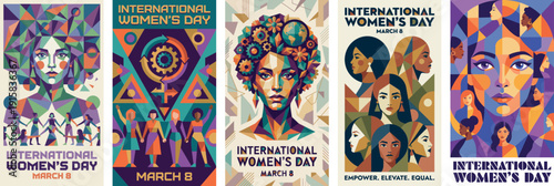 Vector set of diverse women portraits for International Women's Day. Geometric colorful abstract composition featuring female symbols and globe. Poster design for March 8 event