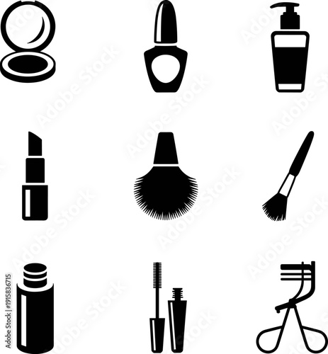 Makeup and cosmetics silhouette icon set featuring skincare bottles, brushes, lipstick, mascara, powder compact, and eyelash curler in minimalist black vector style for beauty, salon, 