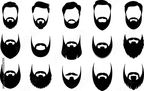 Men beard and hairstyle silhouette set showcasing modern masculine grooming trends, black vector facial hair designs for barber shops, fashion branding, grooming manuals, logos, and creative projects