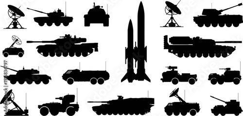 Military vehicle and missile silhouettes set with tanks, radar systems and armored trucks, black army equipment collection isolated on white background vector illustration