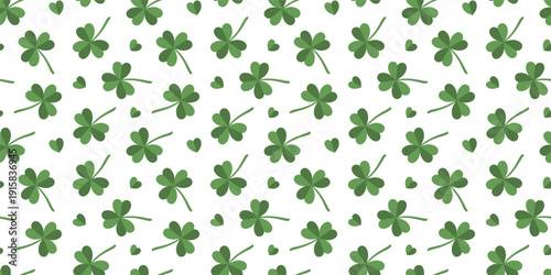 Vector background for St. Patrick's Day with Green Shamrocks and Hearts isolated on white. Holiday Seamless Pattern for Banner, Wrapping Paper or Fabric.