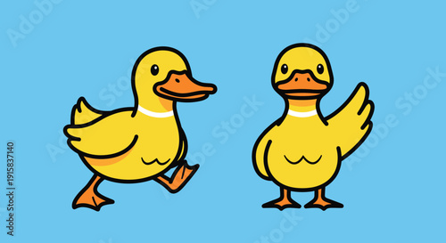 Two Yellow Cartoon Ducks Walking Standing.