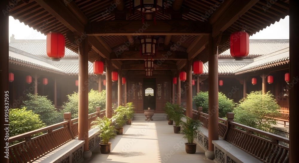 Obraz premium Traditional chinese courtyard with red lanterns and lush greenery