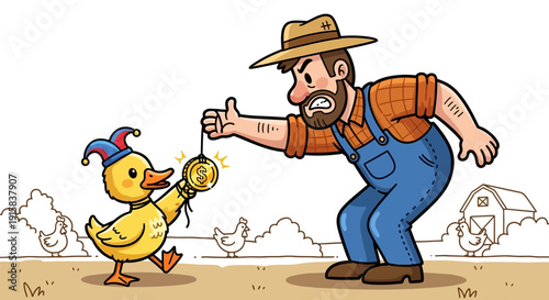 Farmer Giving Coin to Cartoon Duck.