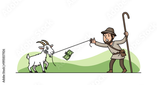 Farmer Leading Goat on a Leash.